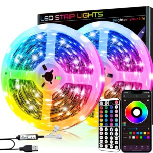 شريط إضاءة LED ذكي لغرفة النوم - مزامنة موسيقى RGB، جهاز تحكم عن بعد بـ 44 مفتاحًا وتطبيق، أوضاع متعددة، مؤقت، قابل للتعتيم، وميض، يعمل عبر USB - مثالي لعيد الفصح، وعيد الأم، وحفلات الزفاف وديكورات الحفلات، للاستخدام الداخلي، مصدر إضاءة يعمل عبر USB، لا يتطلب بطارية