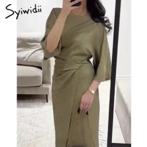 فستان Syiwidii ​​Fashion Solid Print للنساء غير رسمي برقبة دائرية وأكمام قصيرة وفساتين طويلة نحيفة 2025 أنيقة وأنيقة جديدة