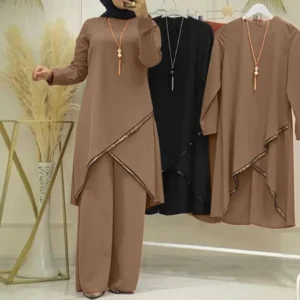 طقم إسلامي نسائي من قطعتين، قميص بأكمام طويلة، قميص برقبة دائرية، بنطلون واسع الساق، كاجوال، فاخر، ربيع وخريف