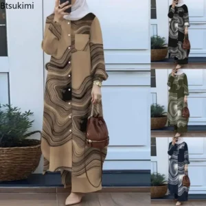 طقم ملابس إسلامية كاجوال فضفاض متناسق للنساء، طقم أنيق، بلوزة وبنطلون، بدلة، ملابس رمضان، عيد مبارك، ملابس عتيقة مطبوعة بالزهور